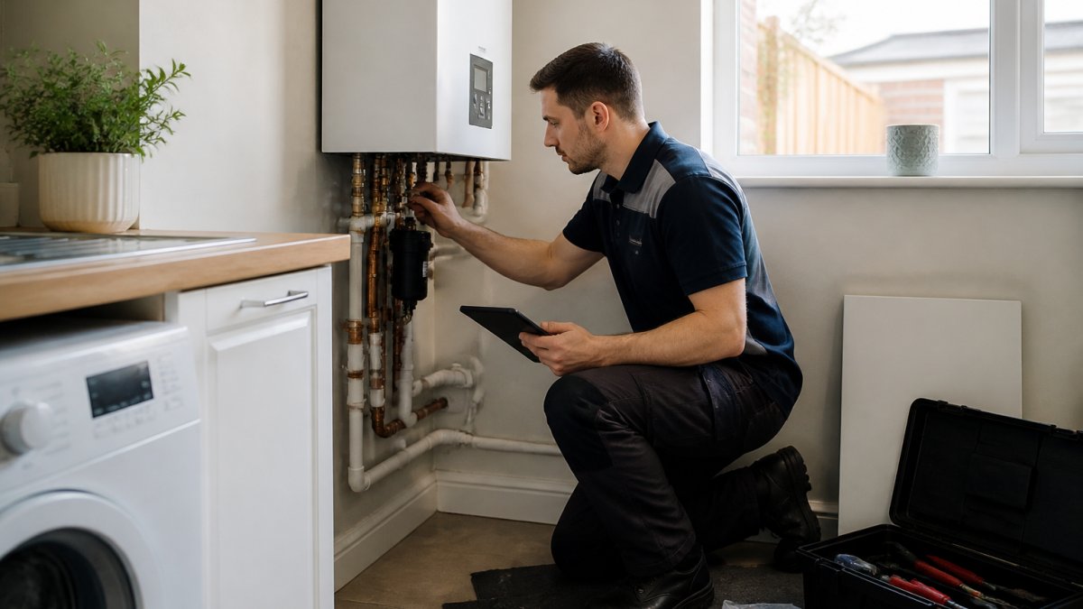 A Gas Safe registered engineer in uniform kneeling beside a wall-mounted tankless water heater unit, holding a tablet and checking pipework in a bright UK home utility room