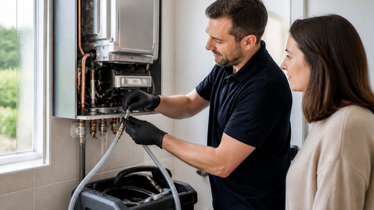 Professional demonstrating tankless water heater maintenance schedule technique in modern clinical setting with natural lighting