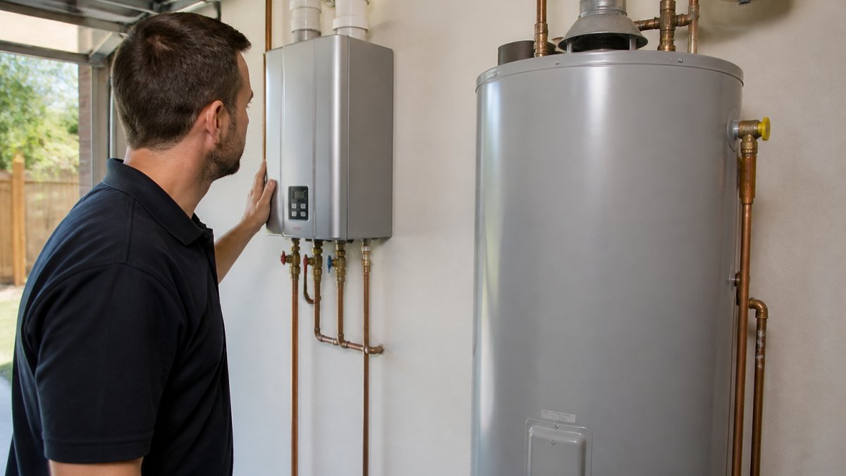 Comparison of a tankless water heater upgrade versus a traditional storage tank in a home utility room