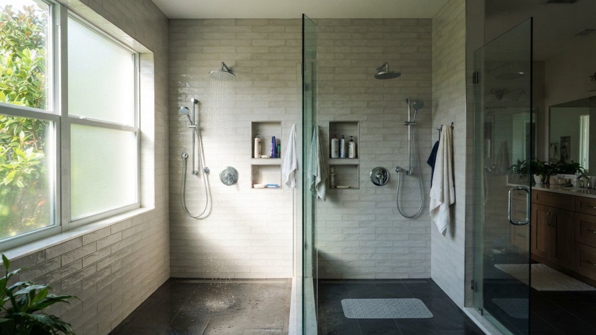 Modern bathroom with two adjacent shower stalls separated by glass partition, natural light streaming through window, showing dual shower fixtures and temperature controls