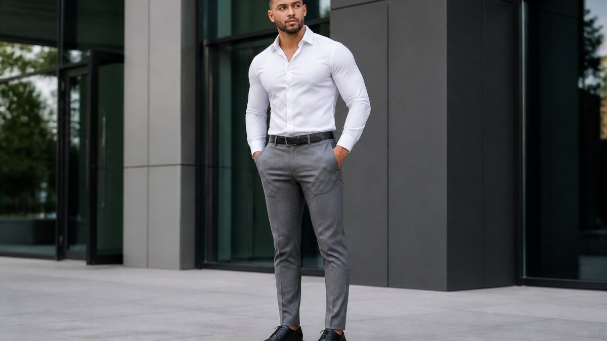 Man wearing well-fitted tapered trousers with a fitted shirt, showing gradual narrowing from knee to ankle, standing in natural light with proper posture