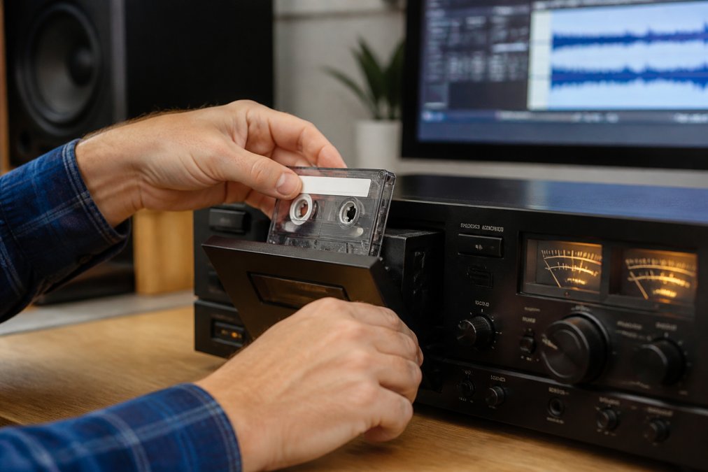 Close-up of hands carefully placing a labelled audio cassette into a professional-grade tape deck in a clean studio setting, with a computer screen showing audio editing software in the background