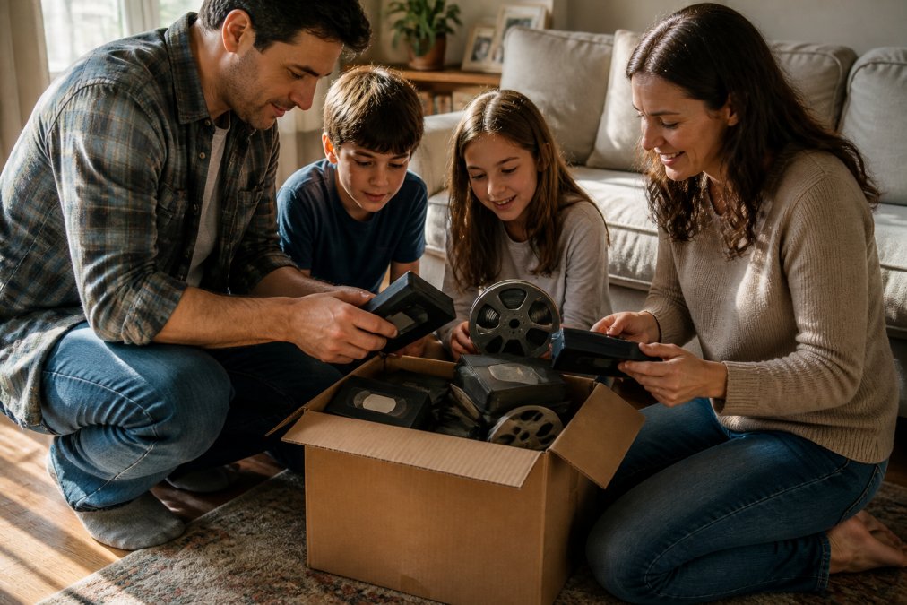 A family gathered around a cardboard box of old VHS tapes and film reels on a living room floor, examining the tapes with nostalgic expressions under warm afternoon light