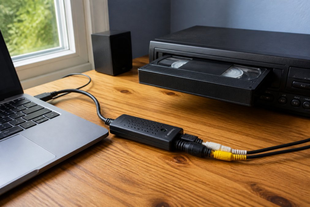 Close-up of a video capture device connected to a laptop via USB, with a VHS tape inserted into a VCR beside it on a wooden desk under natural window light