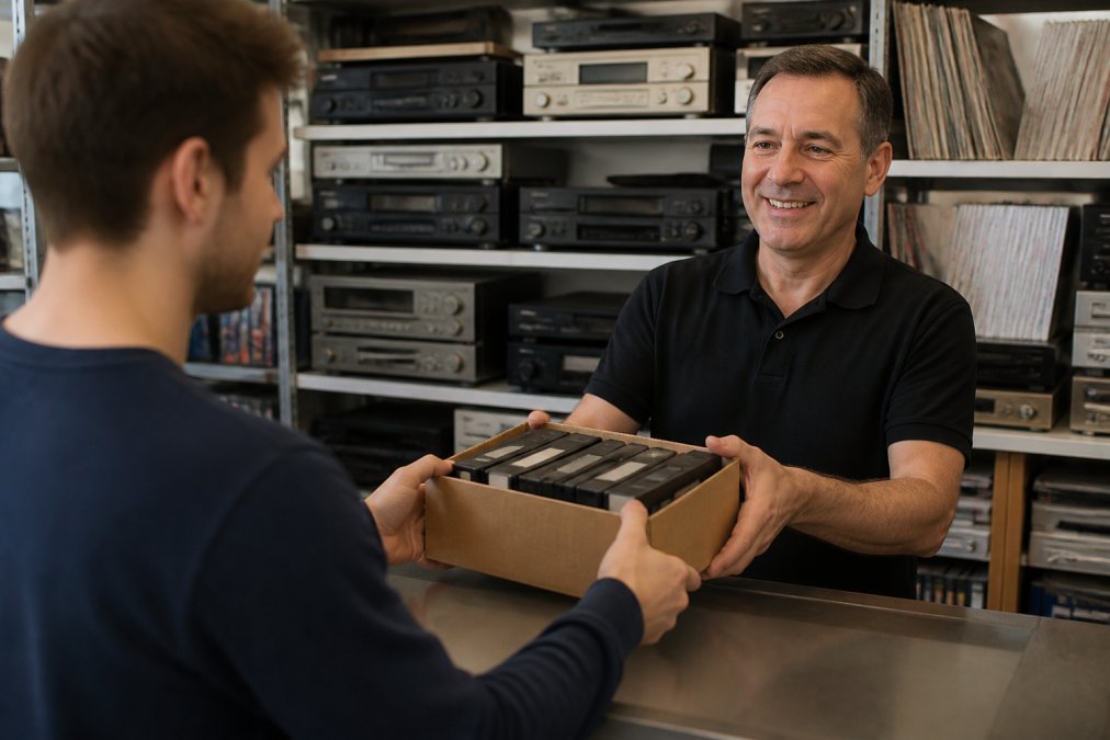 A person at a local media conversion shop handing a box of VHS tapes to a staff member, with professional tape decks visible in the background