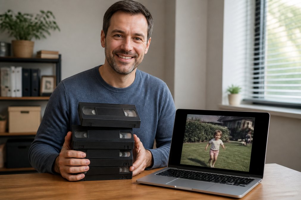 A person holding a stack of old VHS tapes next to a laptop showing a digital video file, in a naturally lit home office