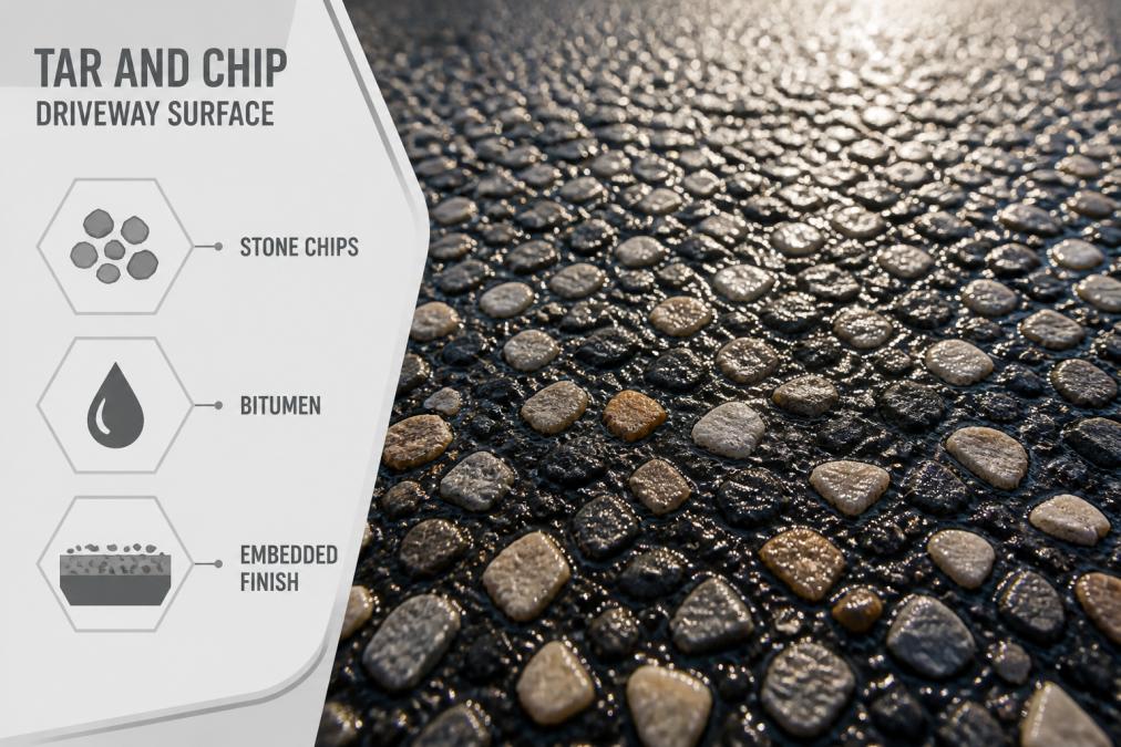Close-up of a completed tar and chip driveway surface showing dark bitumen with embedded stone chips glistening in sunlight, highlighting the textured aggregate finish