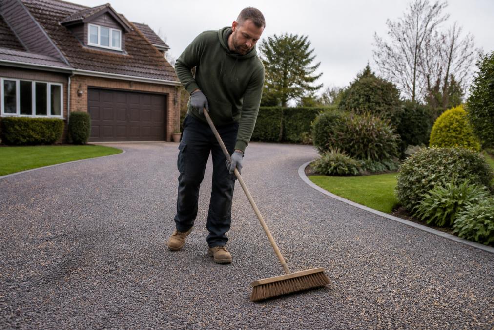 A homeowner using a soft-bristled broom to sweep loose gravel and debris from a tar and chip driveway surface in a residential Norfolk garden setting with overcast sky