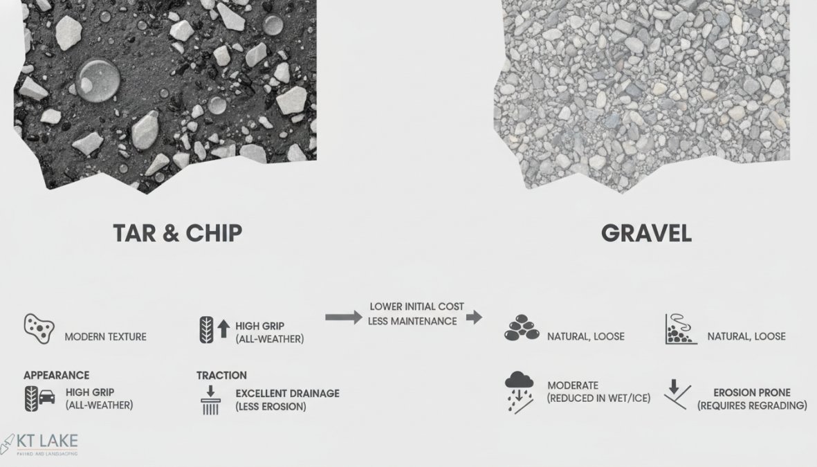 Close-up of tar and chip driveway surface showing dark bitumen with light-coloured stone chips embedded throughout, textured aggregate visible, water droplets beading on surface