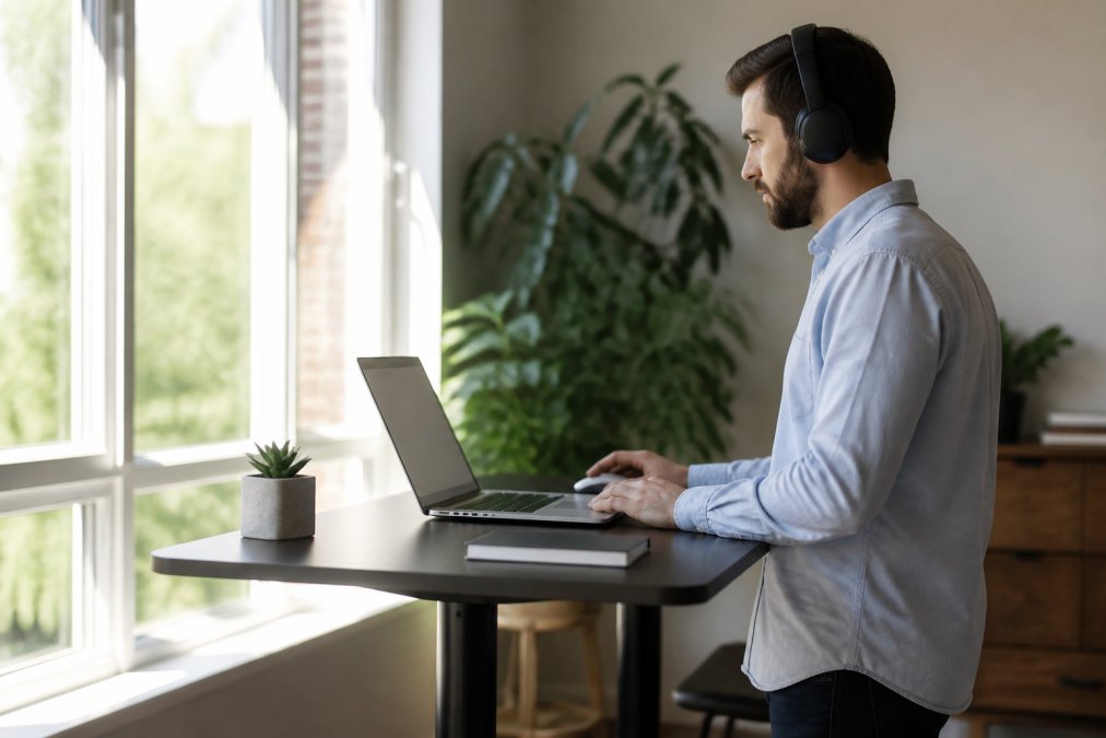 Professional working at ergonomic standing desk with laptop, wireless mouse, and noise-canceling headphones, natural office lighting streaming through windows