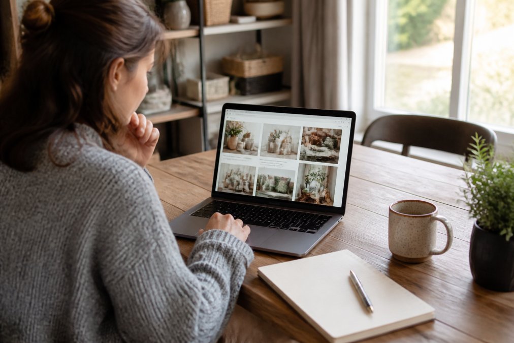 Person browsing home goods selections on a laptop at a wooden desk with a ceramic coffee mug and notepad nearby, natural daylight streaming from a window