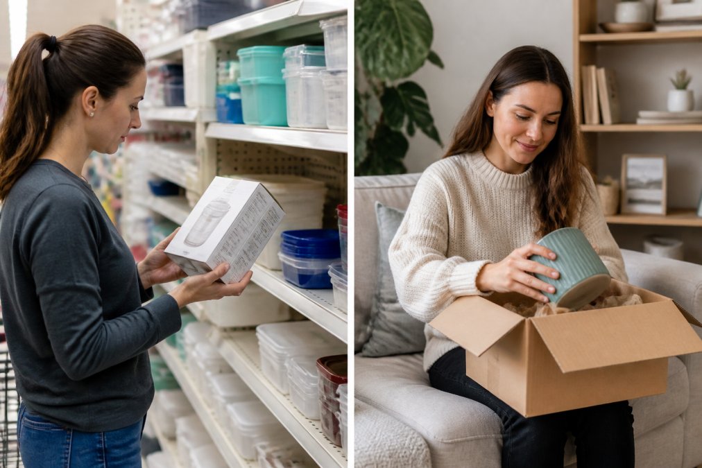Shopper examining household items on a retail store shelf, holding a product box with other home goods visible in the background, fluorescent store lighting