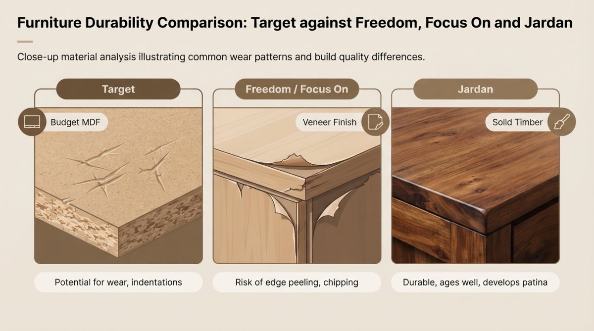 Close-up of three furniture materials side by side, MDF particle board surface showing compression marks next to veneer peeling at edges next to solid wood grain with natural patina