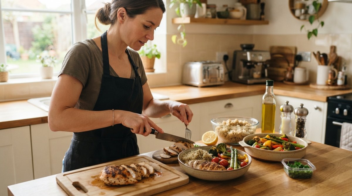 Person preparing a high-protein meal with grilled chicken breast, roasted vegetables, and quinoa on a bright kitchen counter with natural morning light