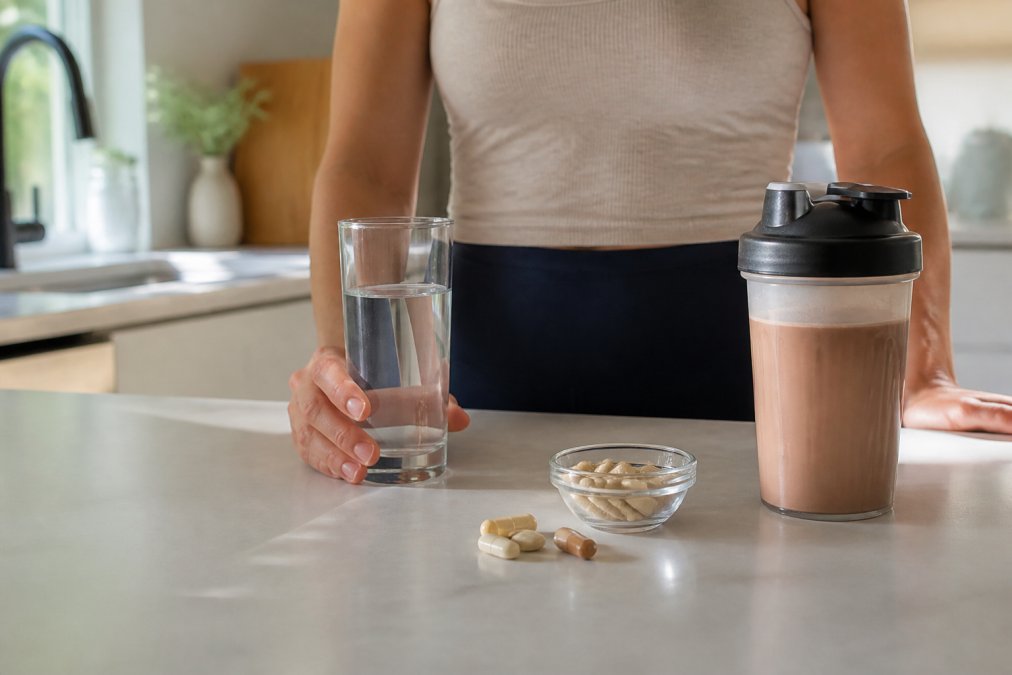 Person holding a glass of water with supplement capsules and a whey protein shake on a clean kitchen counter, natural morning light