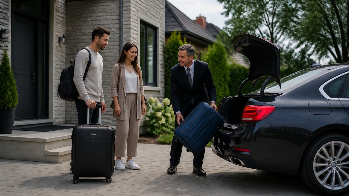 Professional taxi driver assisting passengers with luggage at a residential home on the South Shore, with a modern sedan in the driveway ready for airport transfer