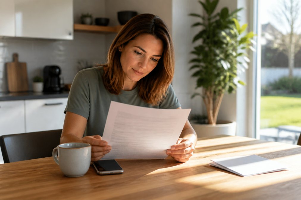 Une propriétaire assise à sa table de cuisine examine un devis d'entretien ménager imprimé, un téléphone et une tasse de café à côté d'elle, lumière naturelle d'après-midi