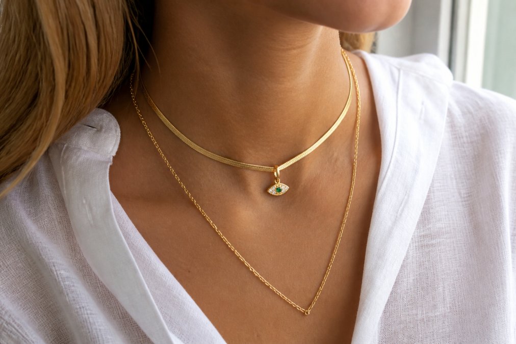 A woman's neckline showing two layered gold necklaces, one a herringbone chain with a green evil eye pendant, one a delicate chain, styled with a simple white linen top in soft natural light near a window