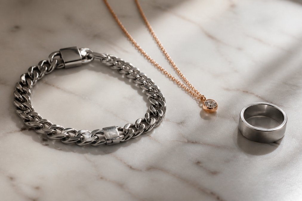 Close-up of polished stainless steel bracelet, rose gold-plated necklace, and brushed steel ring arranged on a neutral marble surface, catching natural window light to show their distinct finishes and shine