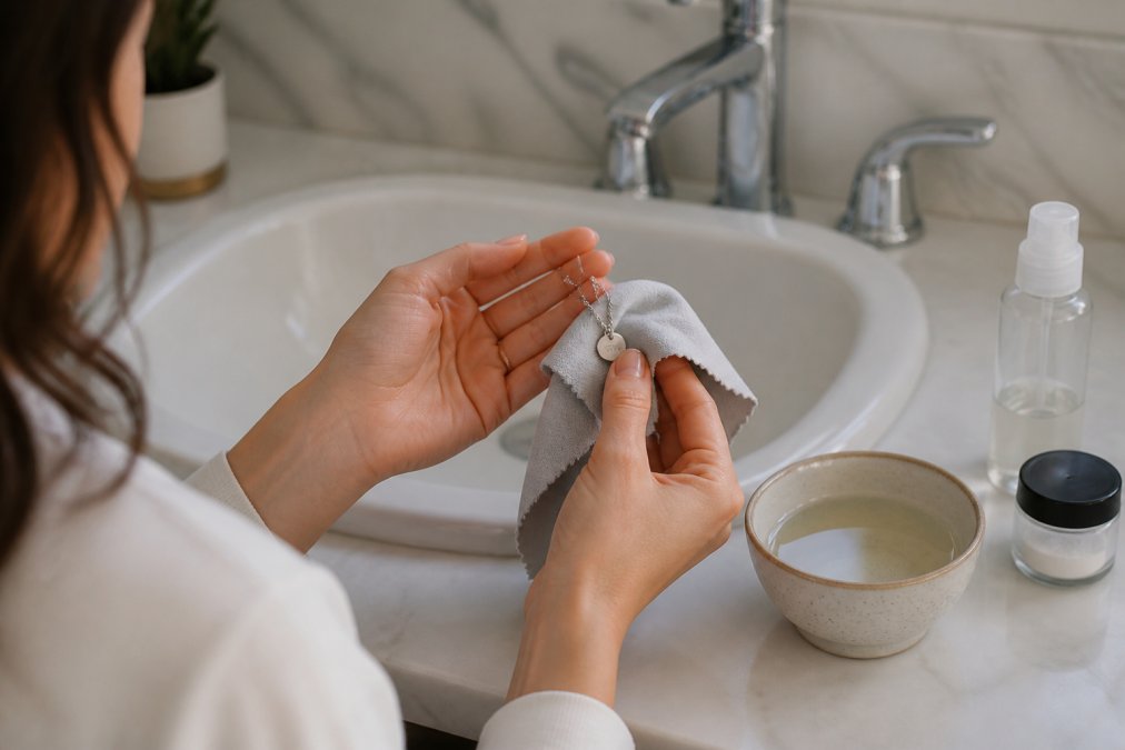 Person's hands gently polishing a personalized silver necklace with a soft microfiber cloth over a bathroom sink, with a small bowl of water and gentle cleaning supplies visible in soft natural light