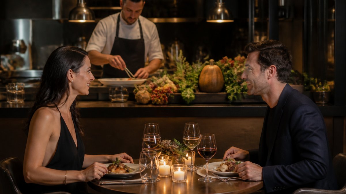 A couple sharing a candlelit degustation dinner at a small table in an intimate Tasmanian restaurant, with a chef plating a dish in the background and locally sourced ingredients visible