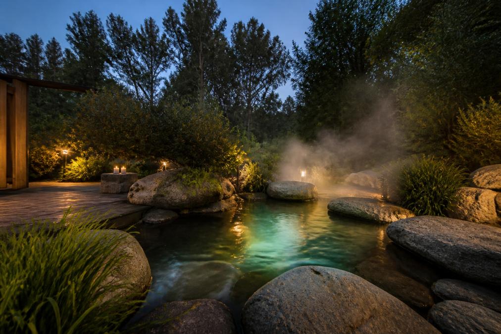 Serene thermal water feature surrounded by native gardens, soft warm lighting at dusk, steam rising gently into cool evening air