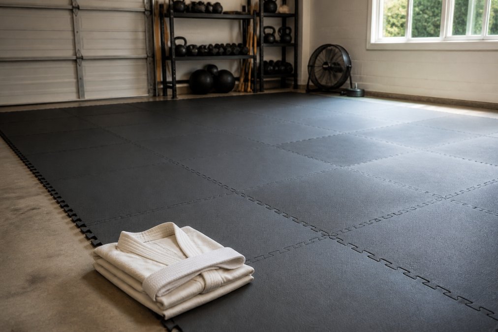 Interlocking foam puzzle mats on a garage floor as a durable tatami alternative for home BJJ training sessions