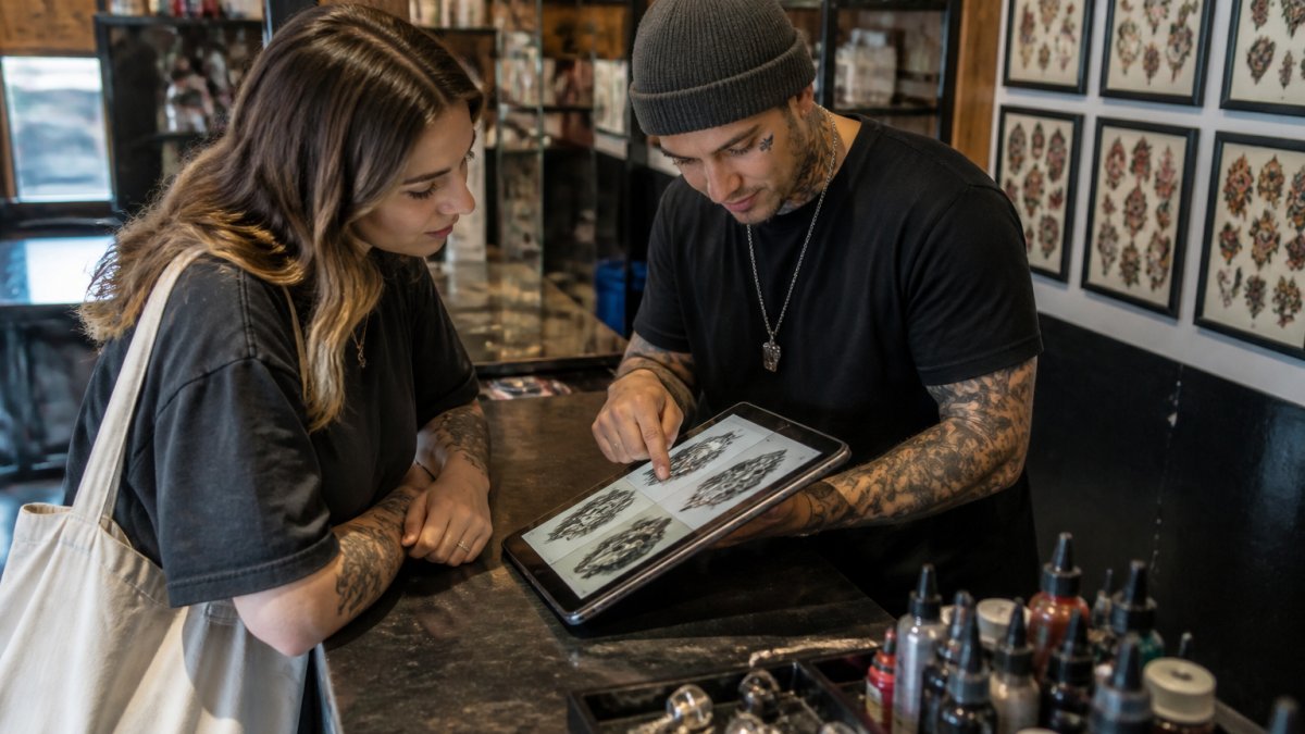 A calm, well-lit tattoo studio interior with a client and artist reviewing flash art and reference images on a tablet at the front counter