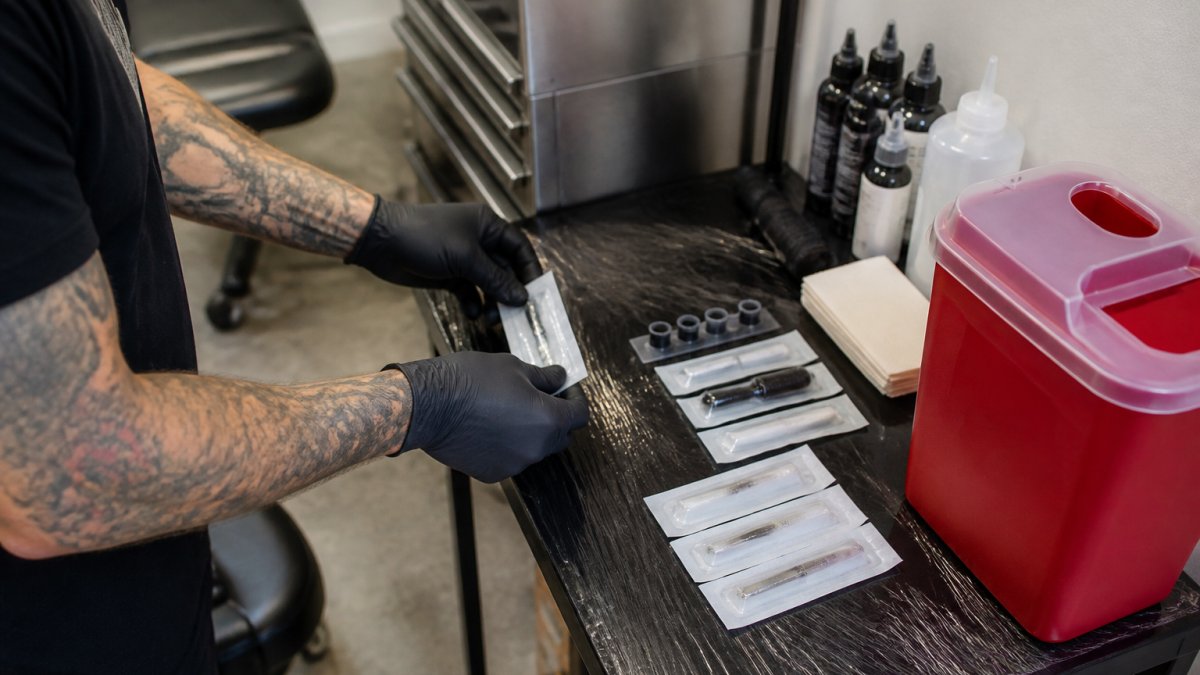 A tattoo artist in fresh black gloves arranging sealed sterile needles, ink caps, and barrier film on a freshly wrapped workstation, with a red sharps container on the counter beside them under bright studio lighting