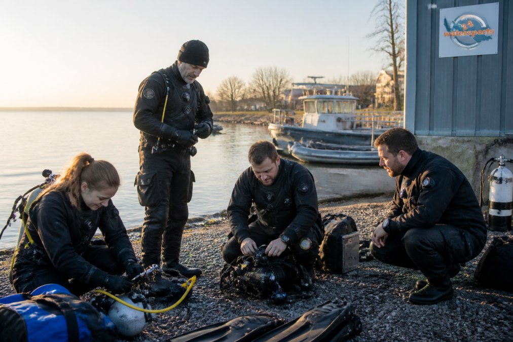 Gruppe von Tauchern in Trockentauchanzügen am Ufer des Bodensees, die ihre Ausrüstung überprüfen, mit Booten und Tauchflaschen im Hintergrund, natürliches Morgenlicht