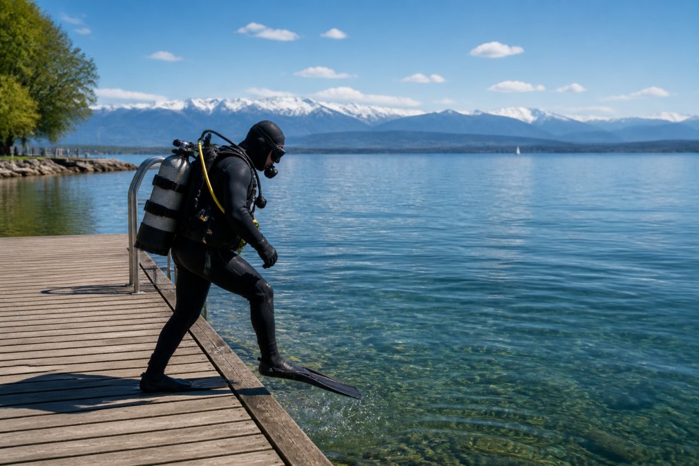 Taucher mit vollständiger Ausrüstung steigt von einem Holzsteg im Bodensee ins klare Wasser, im Hintergrund die Alpenkulisse, sonniges Wetter