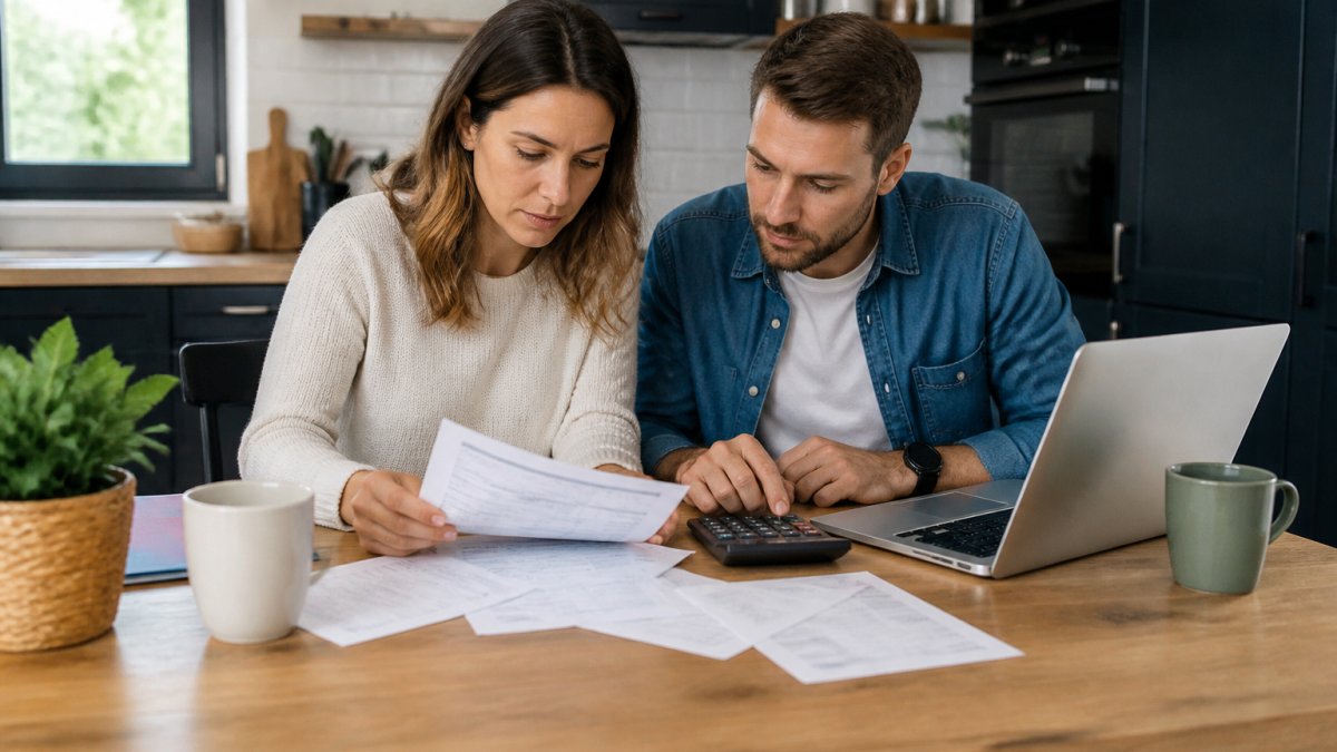 Un couple assis à une table de cuisine avec des relevés bancaires, une calculatrice et un ordinateur portable, comparant calmement leur budget avant un achat immobilier