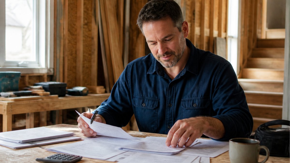 Business owner reviewing payroll documents and tax forms to maximize tax advantages PEO at a desk