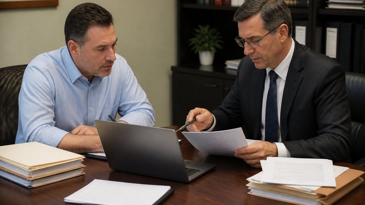 Small business owner and tax attorney reviewing financial documents together in an office