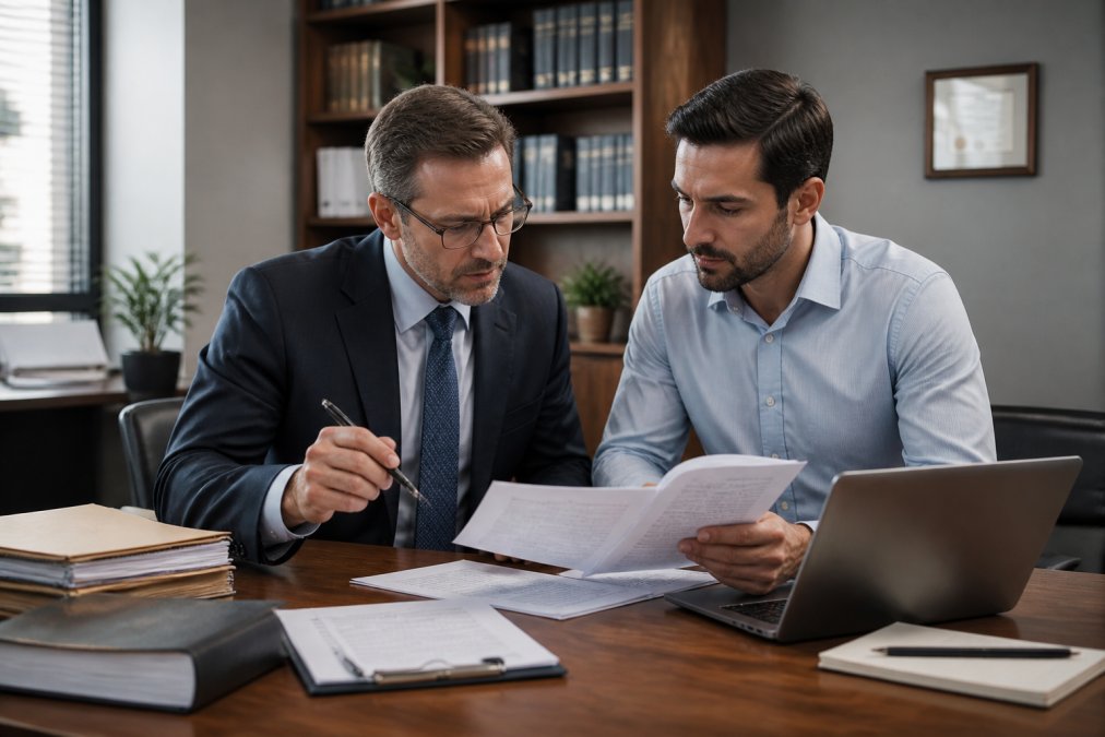 A tax attorney and financial consultant reviewing tax forms and documents together at a modern office desk.