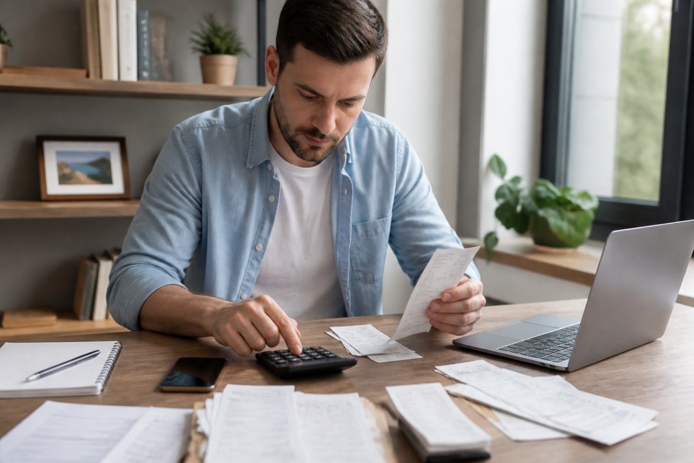 Real estate investor reviewing rental property documents, expense receipts, and spreadsheets at a desk with laptop and calculator in a modern home office with natural lighting