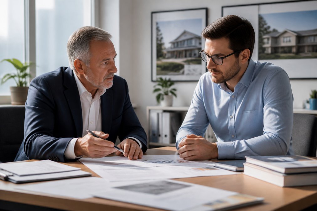 Professional real estate investor and tax advisor discussing portfolio strategy and documents in a modern office with natural lighting and charts on the wall