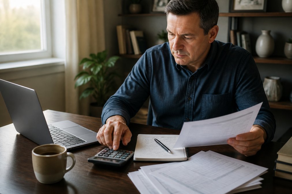 A real estate investor reviewing financial documents and a calculator at a home office desk, laptop open to a property spreadsheet, coffee cup beside a stack of tax forms, warm afternoon light through the window