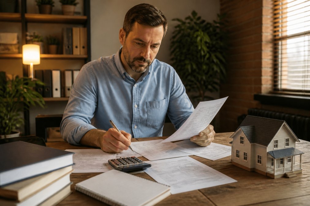 A real estate investor sitting at a desk reviewing LLC documents and tax forms, with a calculator, pen, and small rental property model nearby, warm office lighting