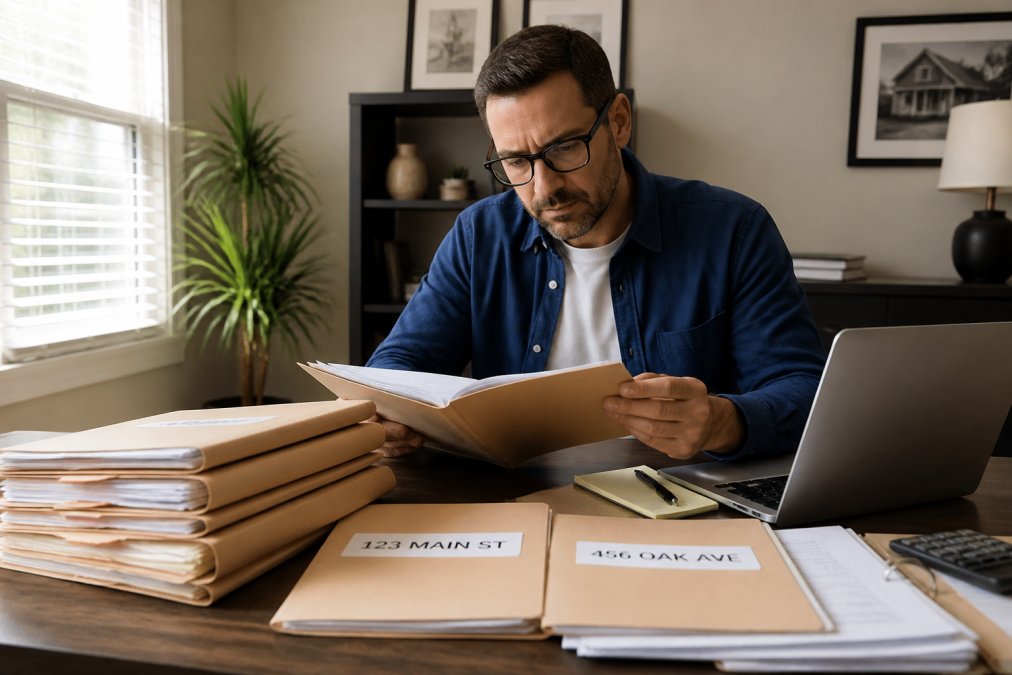 A focused professional reviewing multiple legal and financial folders labeled with property addresses, working at a home office desk with a laptop open and natural window light