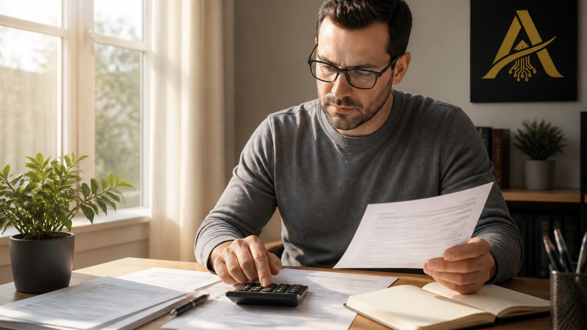A small business owner at a tidy desk reviewing printed financial statements with a calculator, laptop, and notebook, warm natural light from a window