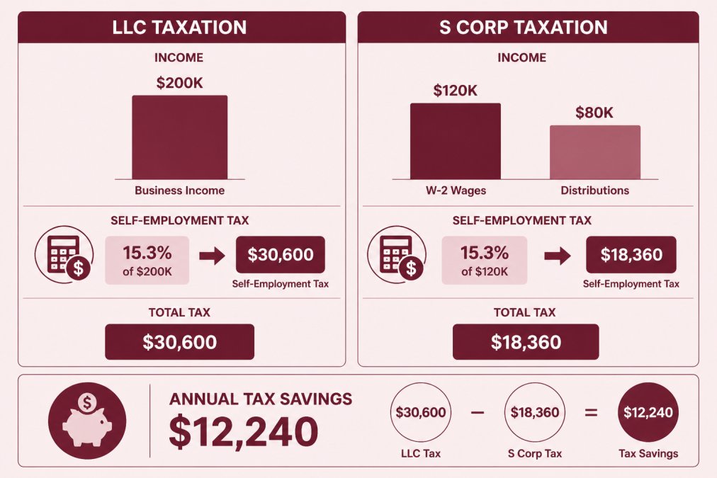 Side-by-side comparison showing LLC taxation versus S Corp taxation: LLC $200K income subject to 15.3% self-employment tax equals $30,600 tax; S Corp $120K W-2 wages plus $80K distributions subject to 15.3% on wages only equals approximately $18,360 tax, saving $12,240 annually