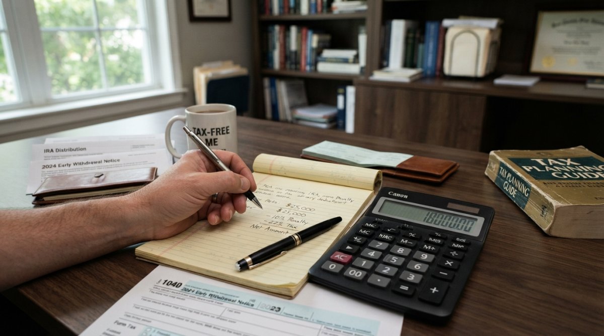 Financial advisor and client reviewing retirement account statements and tax forms together at a desk with a calculator and notepad visible