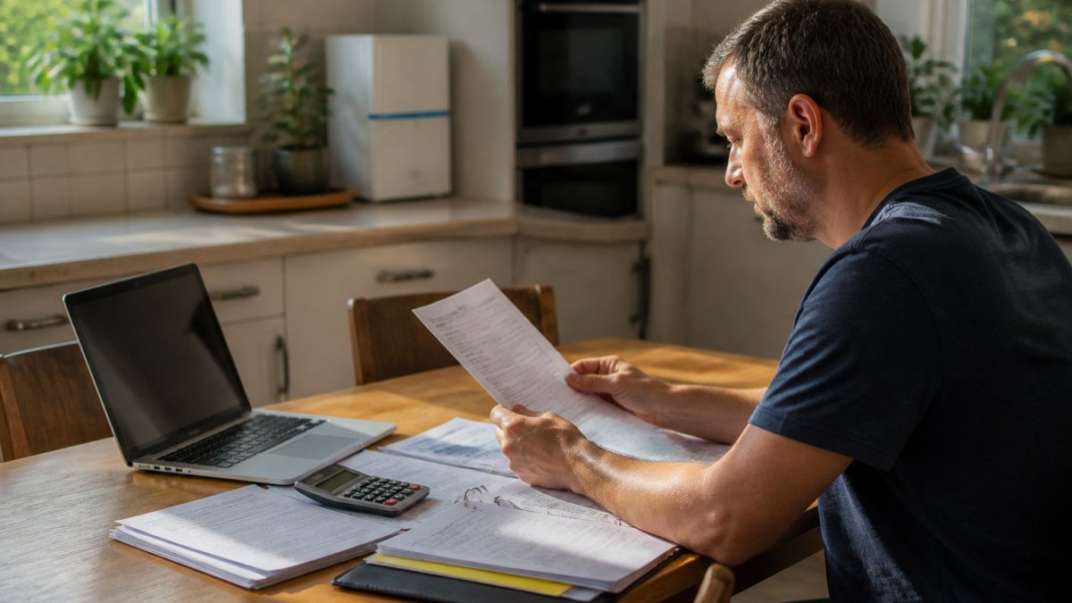 A homeowner reviewing paperwork and certificates at a kitchen table, laptop open, calculator and folder of documents nearby, soft afternoon light through a window