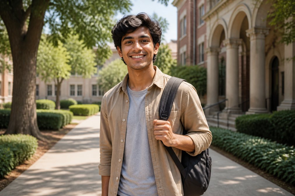 A cheerful college student holding a backpack on a sunny campus walkway, smiling with confidence