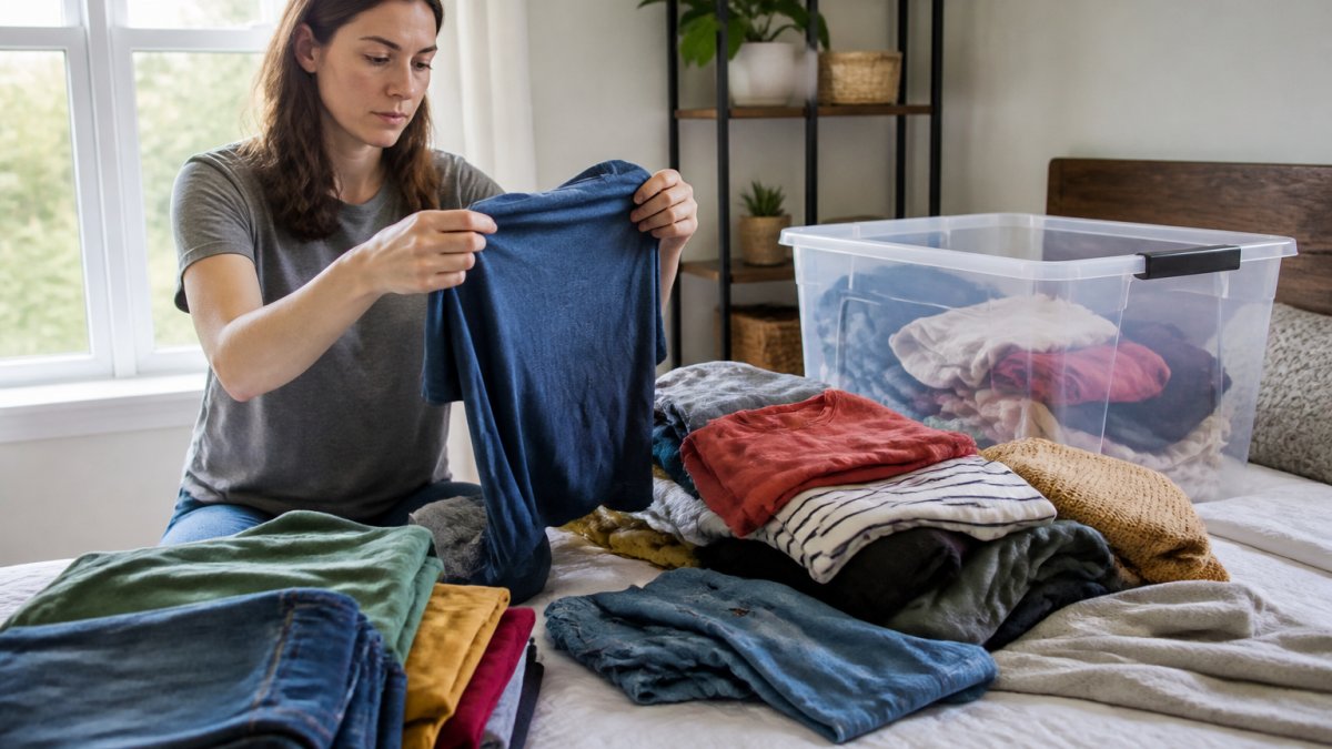 Person sorting through a pile of gently used clothing on a bed, examining items for condition and preparing to donate, with natural window lighting showing textures and colors of the garments