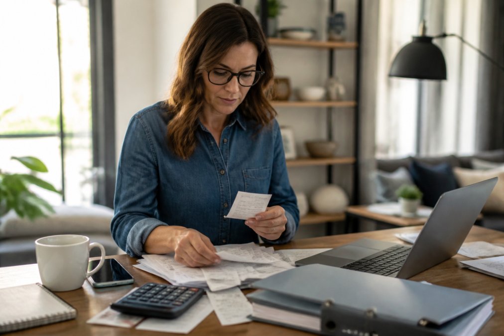 Small business owner organizing paper receipts and documents for tax deduction tips for small businesses at a desk