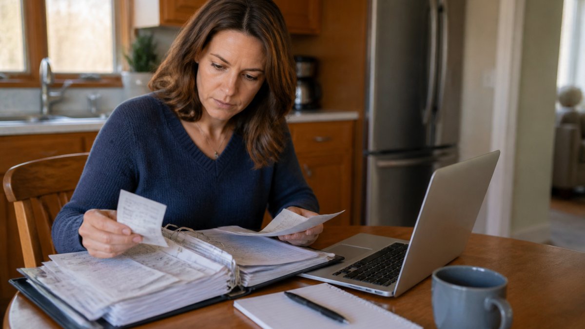 An adult daughter sitting at a kitchen table with a folder of receipts, a laptop showing a tax form, and a notepad, organizing care expense records for her elderly parent