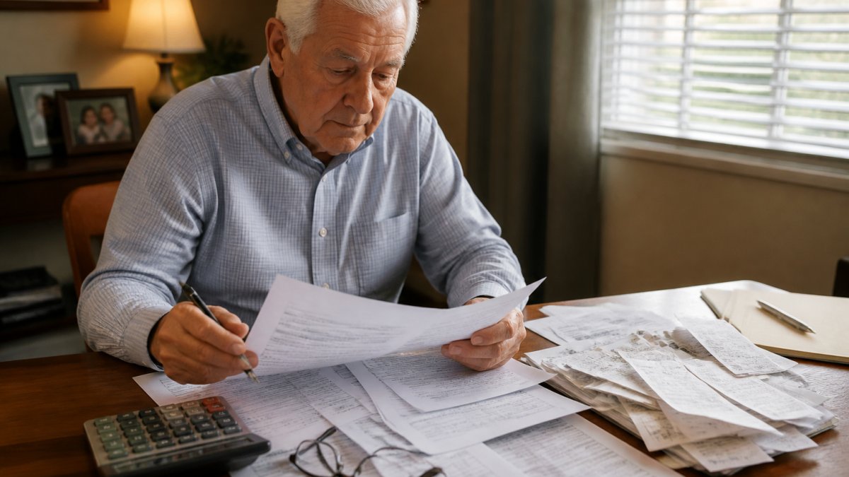 Senior adult reviewing financial records and receipts to calculate tax deductions long-term care expenses at a desk.