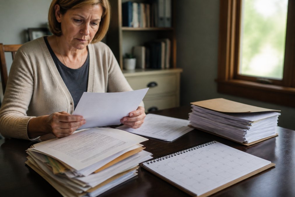 Homeowner reviewing official tax foreclosure notice and legal documents on a desk with a calendar marking the 18-month redemption deadline, natural office lighting